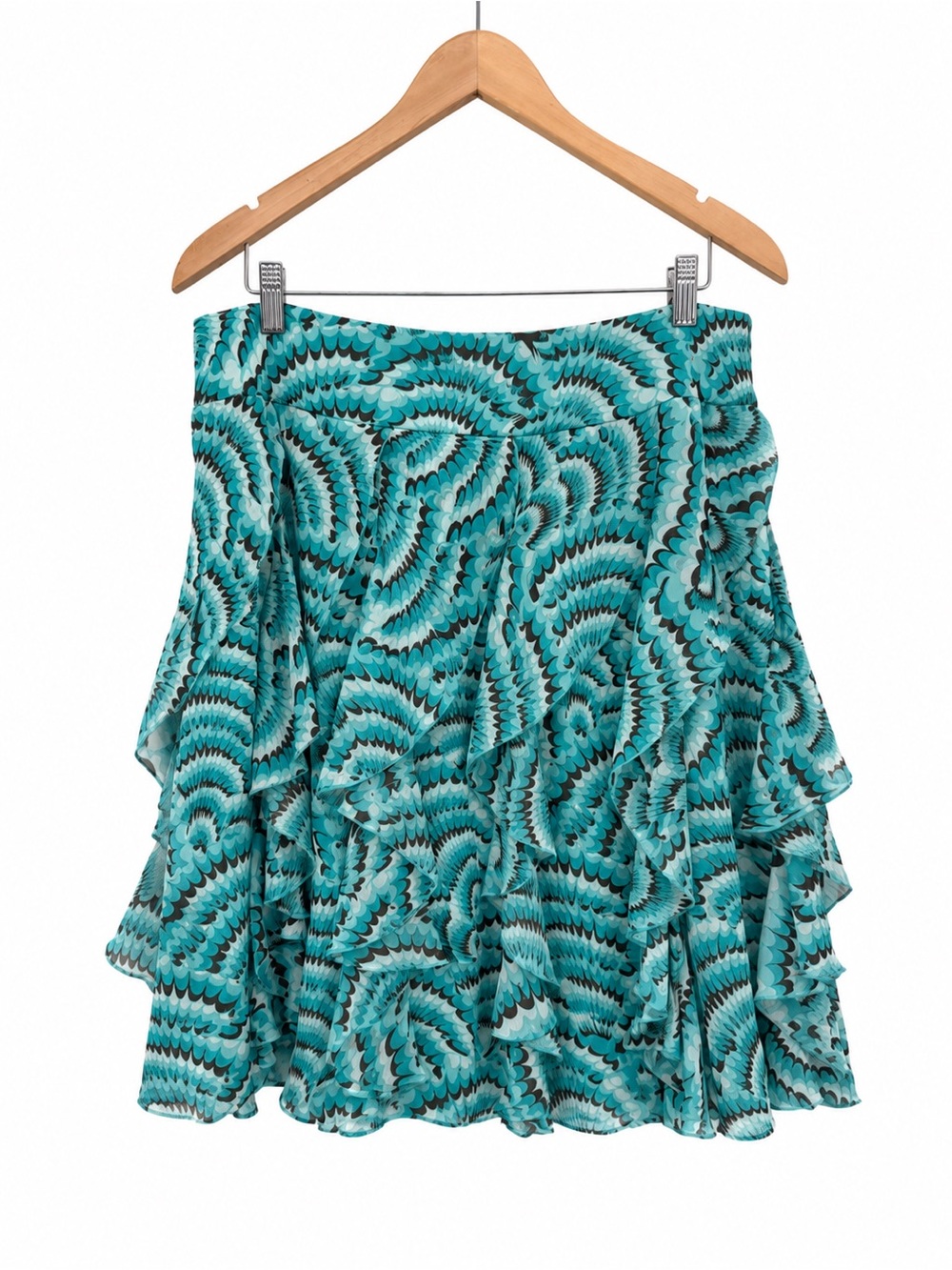 Sunny Leigh Y2K Turquoise Brown Swirl Ruffle Tiered Mini Skirt Size 12